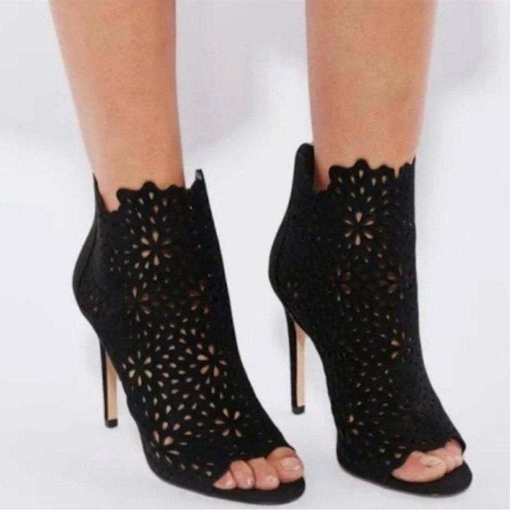 Aldo Black Peep Toe Ankle Booties with Laser-Cut Design